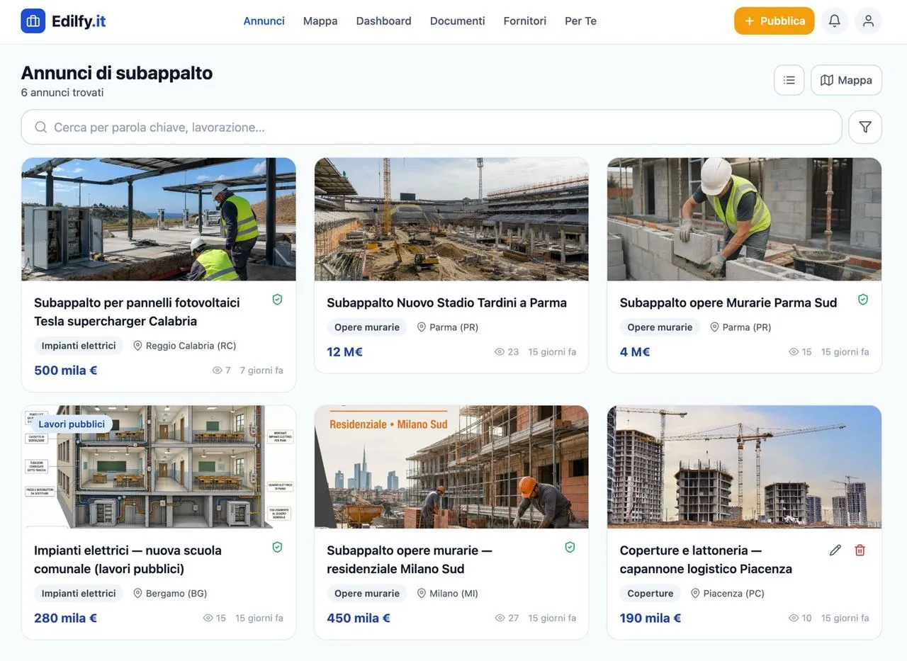 Bacheca degli annunci di subappalto: sei annunci con fotografia del cantiere, lavorazione, provincia e valore stimato in formato italiano.