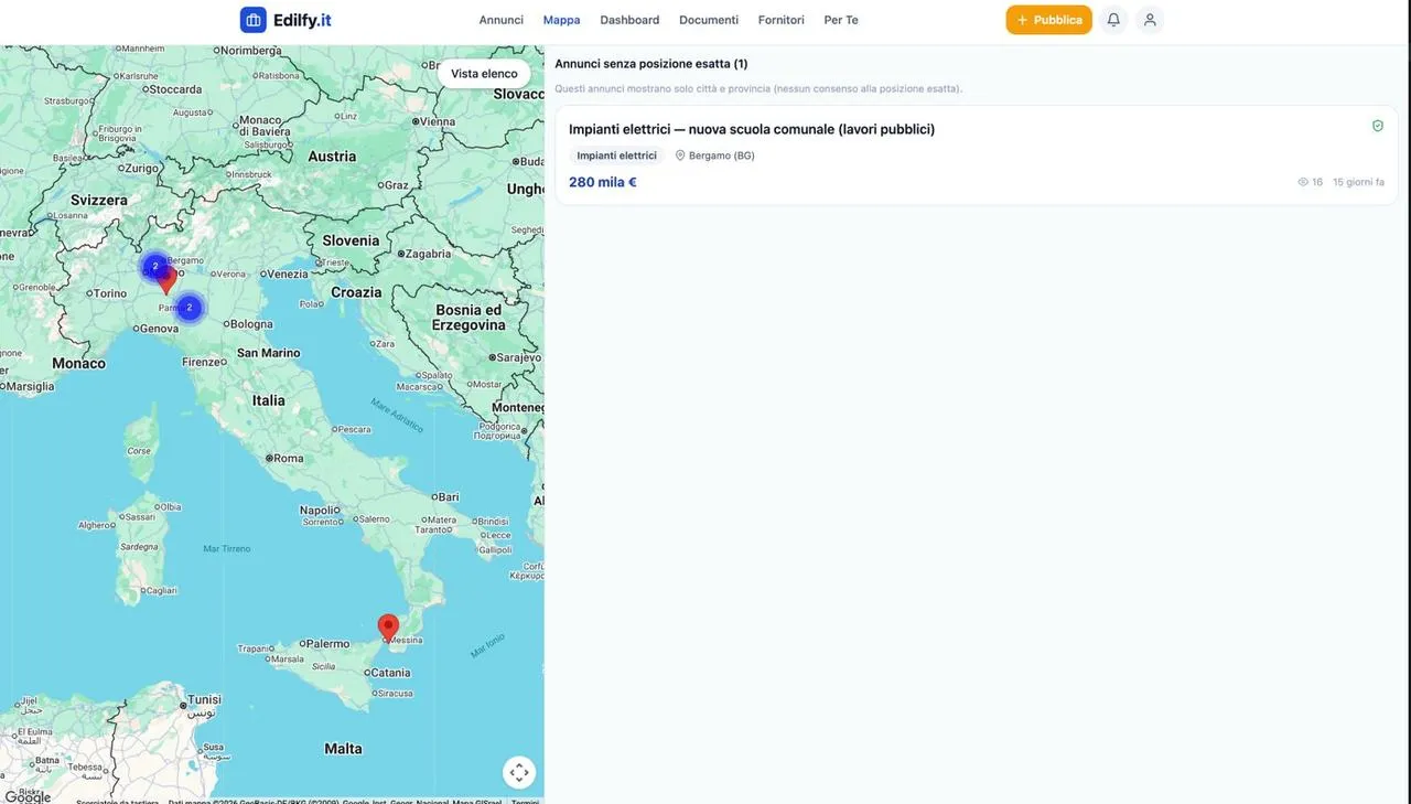 Vista mappa degli annunci: i cantieri collocati sull’Italia con il numero di annunci per zona.