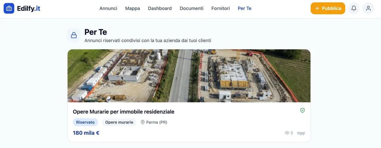 Sezione “Per Te” con un annuncio riservato condiviso da un cliente, contrassegnato dall’etichetta Riservato.