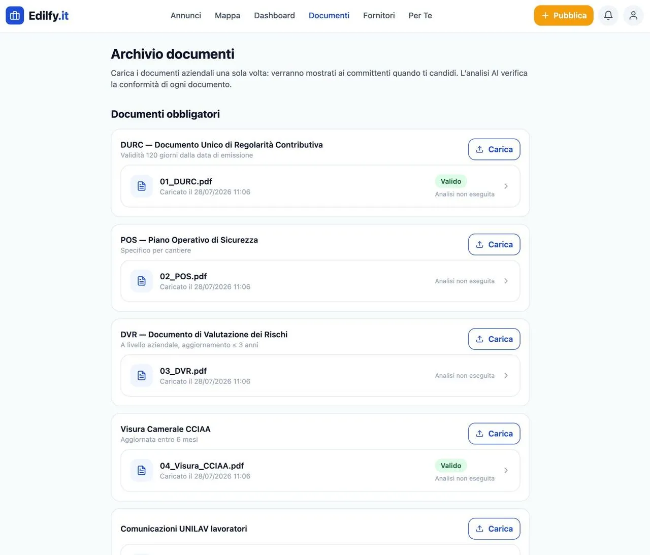 Archivio documenti di Edilfy: le schede di DURC, POS, DVR e visura camerale con lo stato di validità di ogni file caricato.