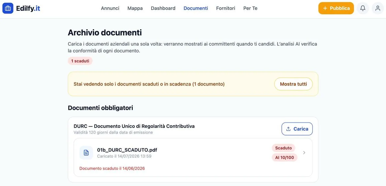 Dettaglio: un DURC scaduto il 14/06/2026, con l’etichetta rossa “Scaduto”, il punteggio dell’analisi AI e la data di scadenza superata.
