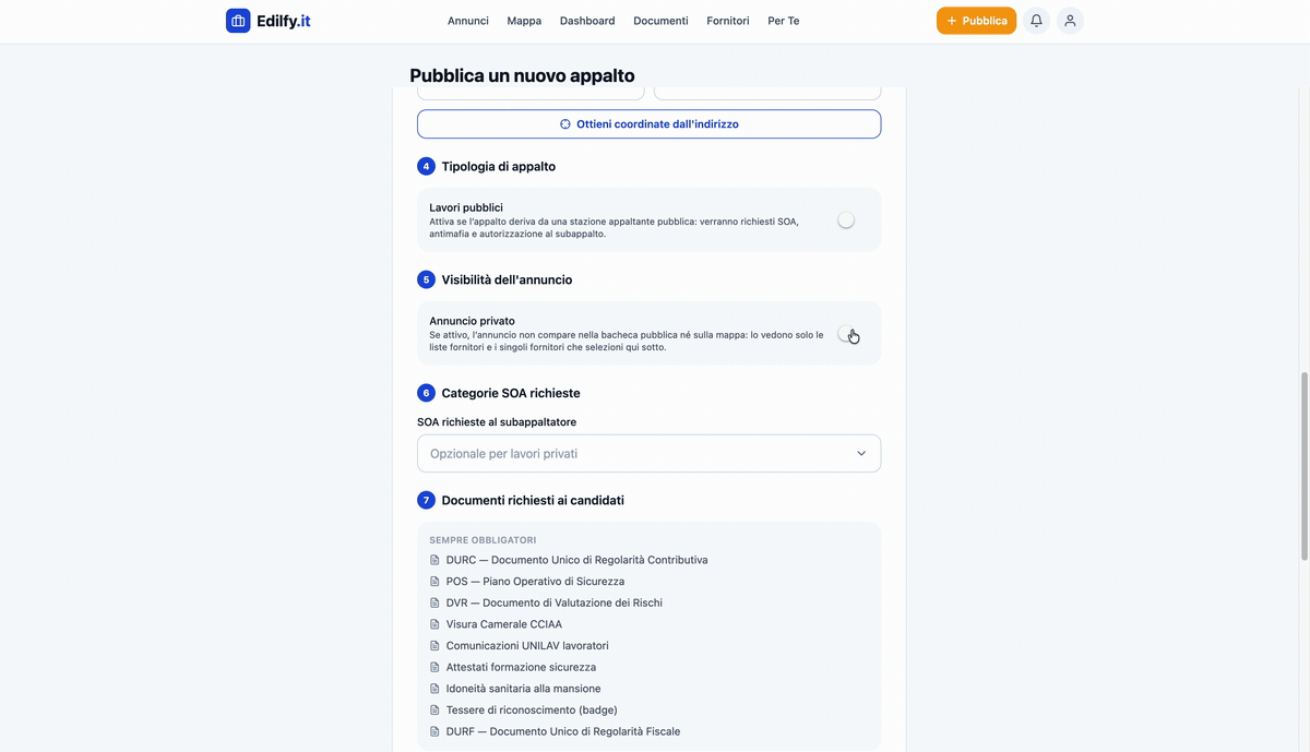 Selezione dei destinatari di un annuncio riservato: scelta fra pubblicazione aperta, liste di fornitori e singoli fornitori.